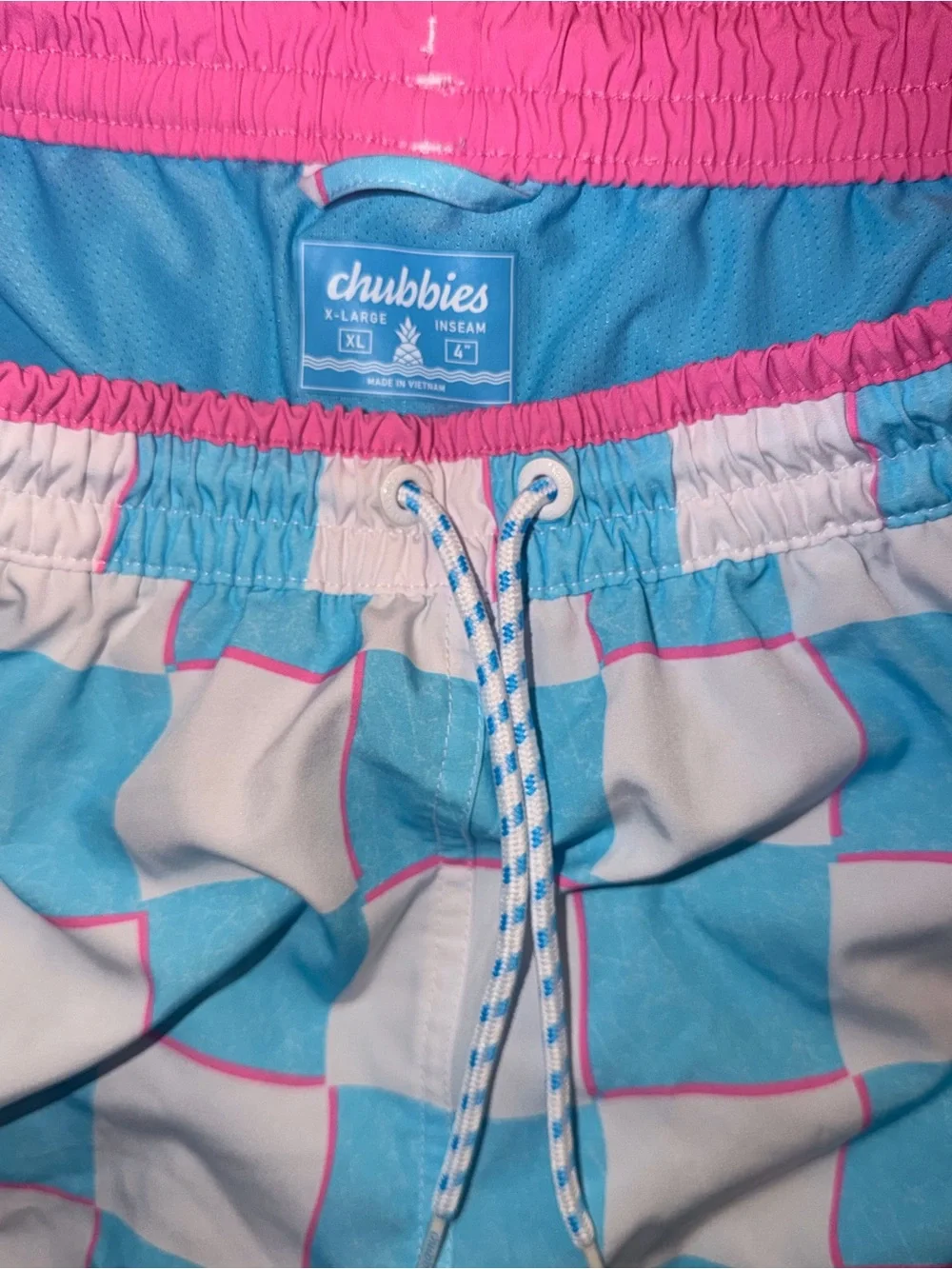 Chubbies “The Pawns” Swim Trunks Teal Blue & White Checkerboard with Pink Sz XL